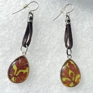 Drop Earrings with Leather and Red Leaf Design 925 Sterling Silver
